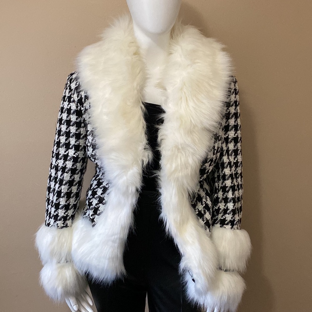 Woman's Azalea Wang Faux Fur Checker Winter Coat - Black & White - Size XL - Picture 3 of 16